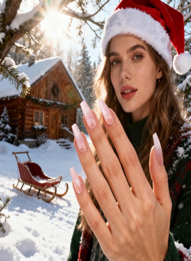 Nobeka Christmas Press on Nails - Medium Square Nude Fake Nails White French Tip Snowflake Fake Nails Winter Xmas Stick on Nail, Glossy Glue on False Nail for Women Girls, Salon Quality12 Sizes - 24 Pcs Kit - Image 2